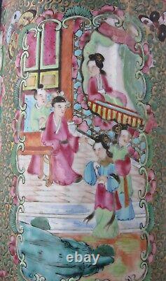 Grande Lampe À Huile Antique De Canton De Porcelaine Chinoise Famille Mandarine Rose, 19ème C