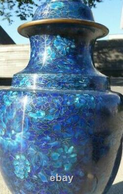 Grande Lampe De Table Vintage Clossione Chinois Champleve Bleu Cobalt MID Century