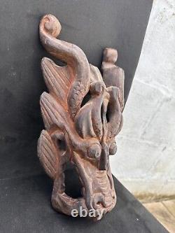 Grande Masque/panneau de Dragon en Bois Sculpté Chinois Antique du 19ème Siècle