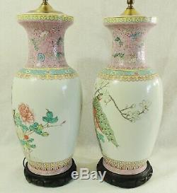 Grande Paire Antique / Vtg Asiatique Chinois 35 Famille Rose Vase Paon Lampes De Table