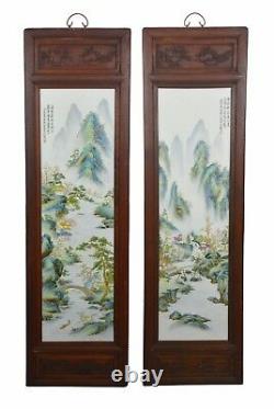 Grande Paire De Peinture Chinoise Paysage Porcelaine Mural Suspendu Plaque Marquée