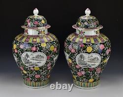 Grande Paire De Pots Couverts De Porcelaine Chinoise Ancienne Famille Noire