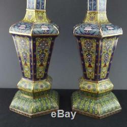Grande Paire De Vases Chinois En Cuivre Cloisonné, Jante En Hexagonale Evasée, 19ème Ou 20ème