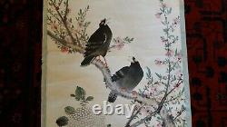 Grande Peinture Antique Chinois Scroll Deux Oiseaux De Chant Dans L'arbre