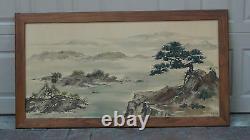 Grande Peinture Chinoise D’aquarelle Sur La Soie Signée Kim'66landscape Scène, Encadrée