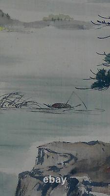 Grande Peinture Chinoise D’aquarelle Sur La Soie Signée Kim'66landscape Scène, Encadrée