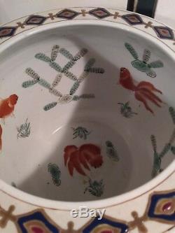 Grande Porcelaine Chinoise Fish Bowl, Planteur, Poissons Koi, Vase Jardinière