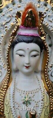 Grande Porcelaine Guanyin Quan Yin Statue Famille Rose 20 Ins Encadré