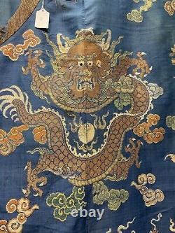 Grande Robe Chinoise Bleue De Dragon De Soie De Kesi (pertes)