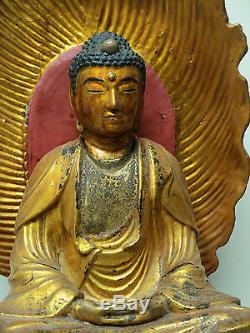 Grande Statue De Bouddha Décoré De Main En Bois Sculpté Chinois Antique Et Doré