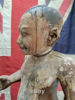 Grande Statue De Polychrome En Bois Sculptée Chinoise Antique D'un Garçon