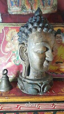 Grande Tête De Bouddha Sculptée En Bois Népalais De Grand Cru D’or