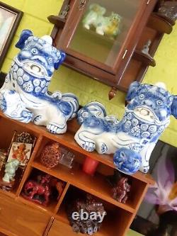 Grande paire de statues de chien Foo bleu et blanc de style vintage