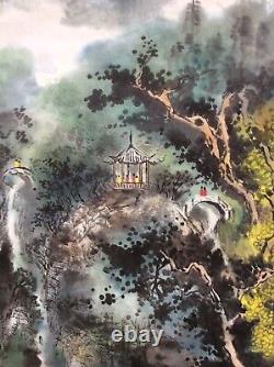 Grande peinture sur rouleau chinoise signée du pavillon Qingyin sur le mont Emei