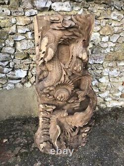 Grande sculpture de dragon en bois chinois vintage