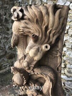 Grande sculpture de dragon en bois chinois vintage