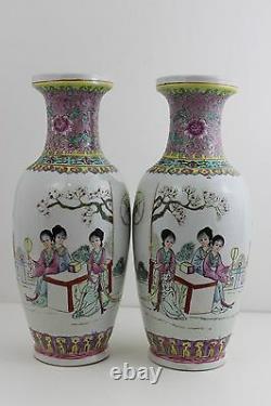 Grandes Vases De Paire Peintes À La Main Chinoise Signé 31cm Haut X 13cm Diamètre
