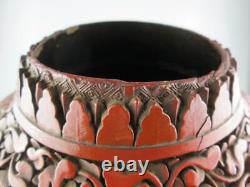 Impressionnant 19ème Siècle Grand Chinois Cinnabar Lacquer Vase Monté