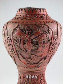 Impressionnant 19ème Siècle Grand Chinois Cinnabar Lacquer Vase Monté
