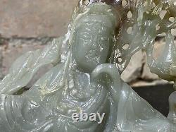 Jade Chinois Antique Inclinant Bouddha Quanyin Et Enfant Rare Grand Carving