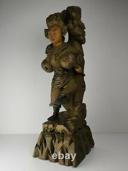 Lampe Figurative De Statue De Bois Sculptée À Grande Polychrome Chinoise Antique, Vers 1900