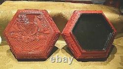 Laque Rouge Chinoise Antique Grand Cinnabar Immortels Sur Le Paysage Octaqgonal Box
