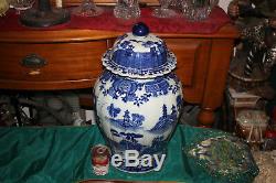 Large Chinois Temple Bleu Et Blanc À Couvercle Bocal Vase-maisons Eau Arbres-porcelaine