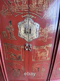 Magnifique Antiquité Grand Chinese Red Laquer Armoire De Mariage 19ème Siècle