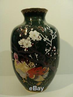 Magnifique Grand Chinois Cloisonné Vase Avec Poulet / Decoration Coq