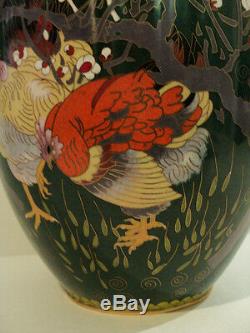 Magnifique Grand Chinois Cloisonné Vase Avec Poulet / Decoration Coq