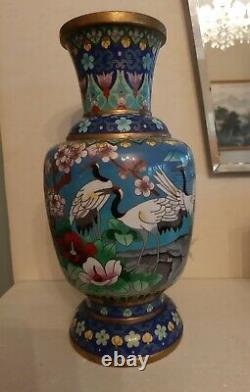 Magnifique Vintage Rare Grandes Chineaises Cloisonne Vase Grues Poony Lotus Cherry