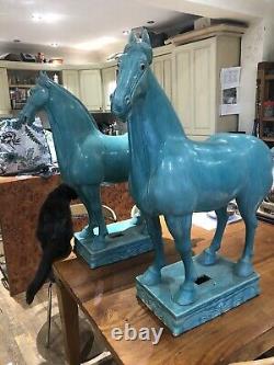 Matched Gauche Paire Droite X 2 Chevaux Antiques Chinois Grand Tang Ming Turquoise