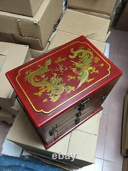 Nouveau Grand Rouge Chinese Laque Peint Dragon Phoenix Boîte À Bijoux Avec Miroir