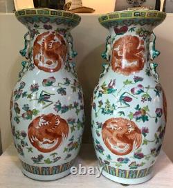 Paire Antique De Grands Vases Chinois De Porcelaine Dragons Art Asiatique Fin 19ème C