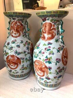 Paire Antique De Grands Vases Chinois De Porcelaine Dragons Art Asiatique Fin 19ème C