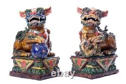Paire Chinoise Antique De Grands Lions Chinois Foo Statue Sculpture 39 CM
