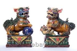 Paire Chinoise Antique De Grands Lions Chinois Foo Statue Sculpture 39 CM