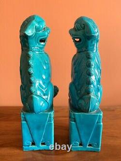 Paire Chinoise Inhabituelle Grande Porcelaine Foo Dogs Vintage Turquoise Blue 10 Pouces