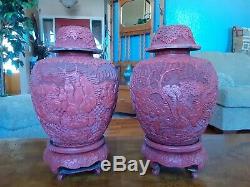 Paire De Grand Antique Dynastie Qing Cinnabar Laque Urnes Jars 18 19 Cen