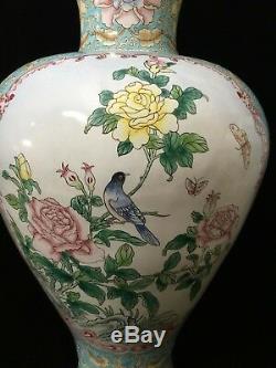 Paire De Grand Vintage Chinois Canton Émail Peint À La Main Vase Withpeony & Bird, 16