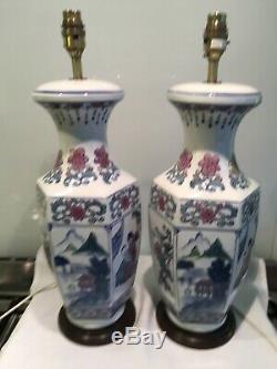 Paire De Grand Vintage Chinois, Oriental À Thème Porcelaine Lampes De Table
