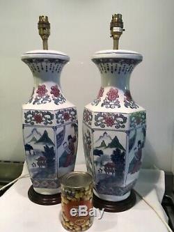 Paire De Grand Vintage Chinois, Oriental À Thème Porcelaine Lampes De Table