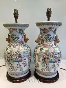 Paire De Grandes Lampes De Table De Porcelaine Antique Vintage Chinois