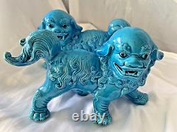 Paire De Grands Chiens De Foo Bleu Turquoise Faits Main / Lions