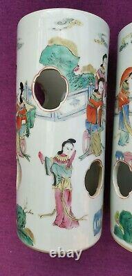 Paire De Vases De Cylindre Décoratifs Chinois 27,5cm