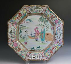 Paire Grand Antique Chinese Export Canton Famille Plate Rose Porcelaine Octogon