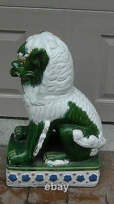 Paire Grande Antique Chinoise Foo Doog /lions Glazed Majolica Pottery Statue