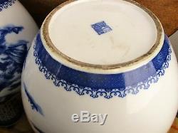 Paire Grande République Porcelaine Chinoise Bol Vases Bleu Et Blanc 21,3