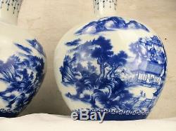 Paire Grande République Porcelaine Chinoise Bol Vases Bleu Et Blanc 21,3