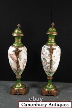 Paire Grandes Sevres Porcelaine Amphora Urns Vases Champleve